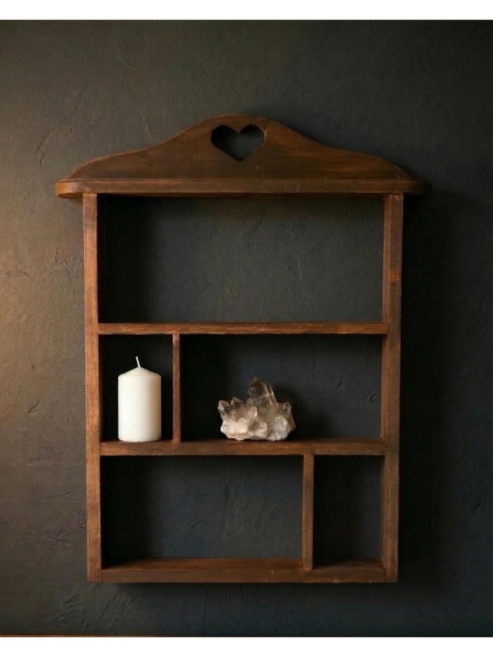 Trinket Shelf with Heart Cutout Dark Walnut Wood Wall Shelf for Altar Crystals